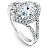 A Noam Carver white gold engagement ring with a double halo and a split band encrusted with 82 diamonds.
