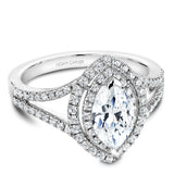 A Noam Carver white gold engagement ring with a double halo and a split band encrusted with 82 diamonds.