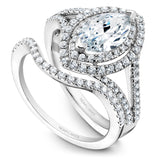 A Noam Carver white gold engagement ring with a double halo and a split band encrusted with 82 diamonds.