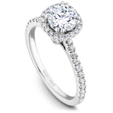 A Noam Carver white gold engagement ring with 42 diamonds and a round halo.