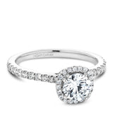 A Noam Carver white gold engagement ring with 42 diamonds and a round halo.