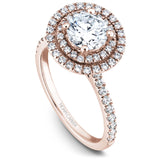 A Noam Carver rose gold engagement ring with a round halo and 69 diamonds.