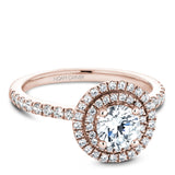A Noam Carver rose gold engagement ring with a round halo and 69 diamonds.