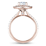 A Noam Carver rose gold engagement ring with a round halo and 69 diamonds.