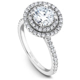 A Noam Carver white gold engagement ring with a round halo and 69 diamonds.