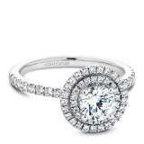 A Noam Carver white gold engagement ring with a round halo and 69 diamonds.