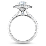 A Noam Carver white gold engagement ring with a round halo and 69 diamonds.