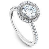 A Noam Carver white gold engagement ring with 47 round diamonds and a round halo.