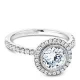 A Noam Carver white gold engagement ring with 47 round diamonds and a round halo.