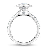 A Noam Carver white gold engagement ring with 47 round diamonds and a round halo.