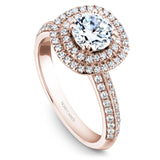 A Noam Carver rose gold engagement ring with a cushion halo and 94 diamonds.