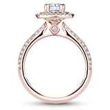 A Noam Carver rose gold engagement ring with a cushion halo and 94 diamonds.