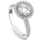 A Noam Carver white gold engagement ring with 71 diamonds and a round halo.
