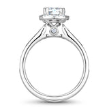 A Noam Carver white gold engagement ring with a round halo, 42 diamonds and milgrain detailing on a band.