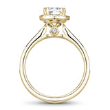 A Noam Carver yellow gold engagement ring with a round halo, 42 diamonds and milgrain detailing on a band.