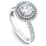 A Noam Carver white gold engagement ring with a round halo and 69 diamonds.