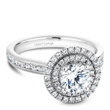 A Noam Carver white gold engagement ring with a round halo and 69 diamonds.