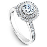 A Noam Carver rose gold engagement ring with a square halo and 77 diamonds.