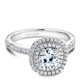 A Noam Carver rose gold engagement ring with a square halo and 77 diamonds.