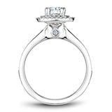 A Noam Carver rose gold engagement ring with a square halo and 77 diamonds.