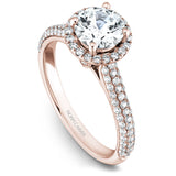 A Noam Carver rose gold engagement ring with a round halo and 108 diamonds.