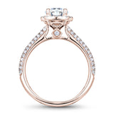 A Noam Carver rose gold engagement ring with a round halo and 108 diamonds.
