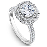 A Noam Carver white gold engagement ring with a cushion halo and 130 diamonds.