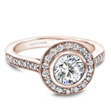 A Noam Carver rose gold engagement ring with a round halo and 32 diamonds.