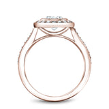 A Noam Carver rose gold engagement ring with a round halo and 32 diamonds.
