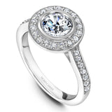 A Noam Carver white gold engagement ring with a round halo and 32 diamonds.