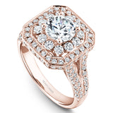 A Noam Carver rose gold engagement ring with a square halo and 132 diamonds.