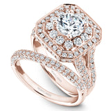 A Noam Carver rose gold engagement ring with a square halo and 132 diamonds.