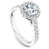 A Noam Carver white gold engagement ring with 28 diamonds and a round halo.