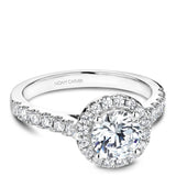 A Noam Carver white gold engagement ring with 28 diamonds and a round halo.