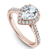 A Noam Carver rose gold engagement ring with a pearhalo and 33 diamonds.