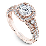 A Noam Carver rose gold engagement ring with a cushion halo and 94 diamonds.