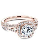 A Noam Carver rose gold engagement ring with a cushion halo and 94 diamonds.