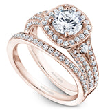 A Noam Carver rose gold engagement ring with a cushion halo and 94 diamonds.