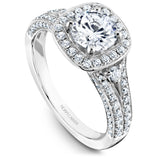 A Noam Carver white gold engagement ring with a cushion halo and 94 diamonds.