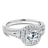 A Noam Carver white gold engagement ring with a cushion halo and 94 diamonds.