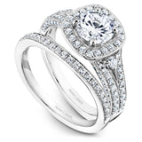 A Noam Carver white gold engagement ring with a cushion halo and 94 diamonds.