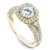 A Noam Carver yellow gold engagement ring with a cushion halo and 94 diamonds.