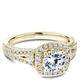 A Noam Carver yellow gold engagement ring with a cushion halo and 94 diamonds.