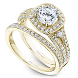 A Noam Carver yellow gold engagement ring with a cushion halo and 94 diamonds.