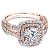 A Noam Carver rose gold engagement ring with a double halo and 132 diamonds.