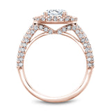 A Noam Carver rose gold engagement ring with a double halo and 132 diamonds.