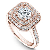 A Noam Carver rose gold engagement ring with a double square halo and 60 diamonds.