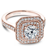A Noam Carver rose gold engagement ring with a double square halo and 60 diamonds.