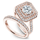 A Noam Carver rose gold engagement ring with a double square halo and 60 diamonds.