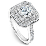 A Noam Carver white gold engagement ring with a double square halo and 60 diamonds.